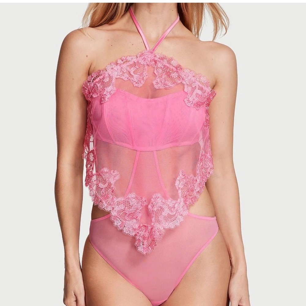 NWT Victoria's Secret XS Sheer Floral Embroidery Halter-Neck Teddy Bustier